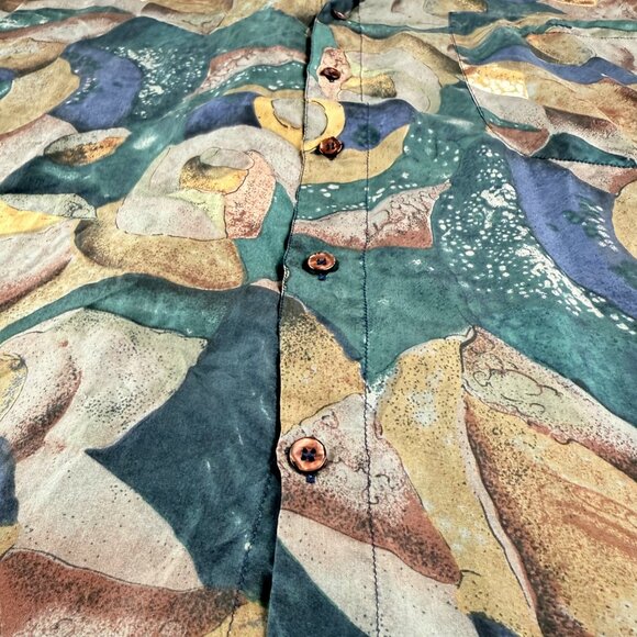 90's VTG CITY STREETS Vintage 100% Silk Abstract Art Print Button Shirt Mens M - Picture 3 of 11